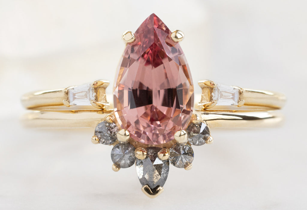 The Aster Ring with a 1.59ct Pear-Cut Garnet with Open Cuff Baguette Stacking Band