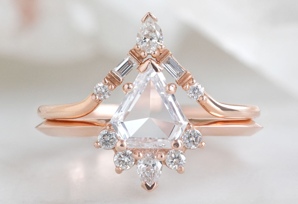 The Aster Ring with a Shield-Cut White Diamond with White Diamond Tiara Stacking Band