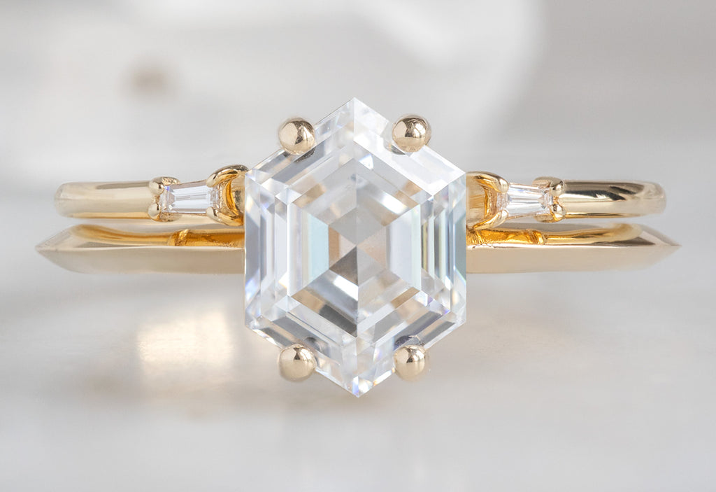 The Bryn Ring with a 1.6ct Lab Grown Hexagon Diamond with Open Cuff Baguette Stacking Band