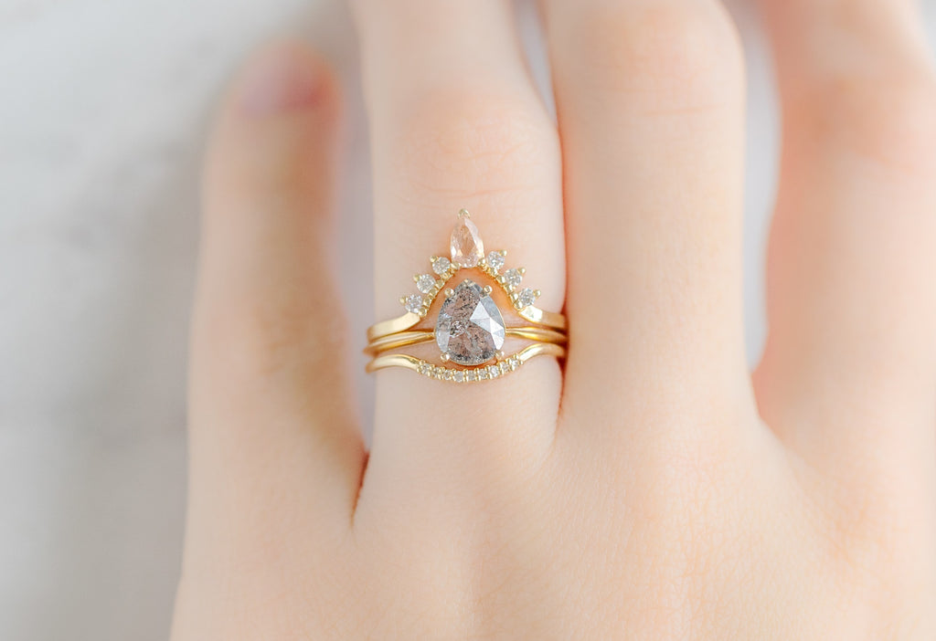 The Bryn Ring with a Rose-Cut Salt and Pepper Diamond with Diamond and Gemstone Stacking Bands on Model