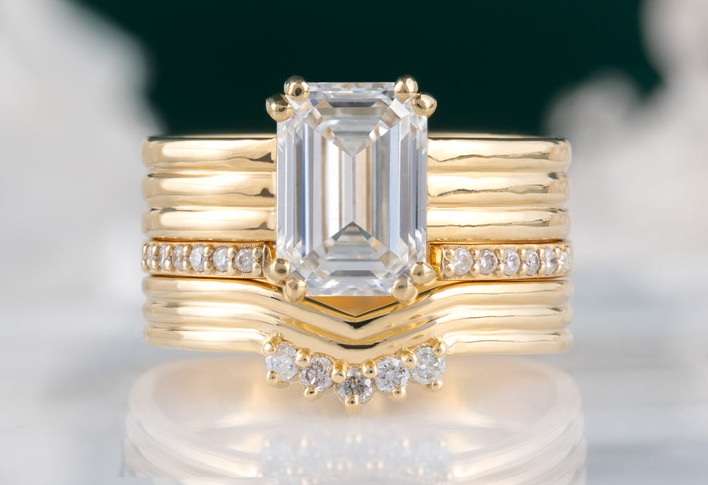 The Bryn Ring with an Emerald-Cut Lab Grown Diamond with 18k Yellow Gold Pavé Peak Stacking Band