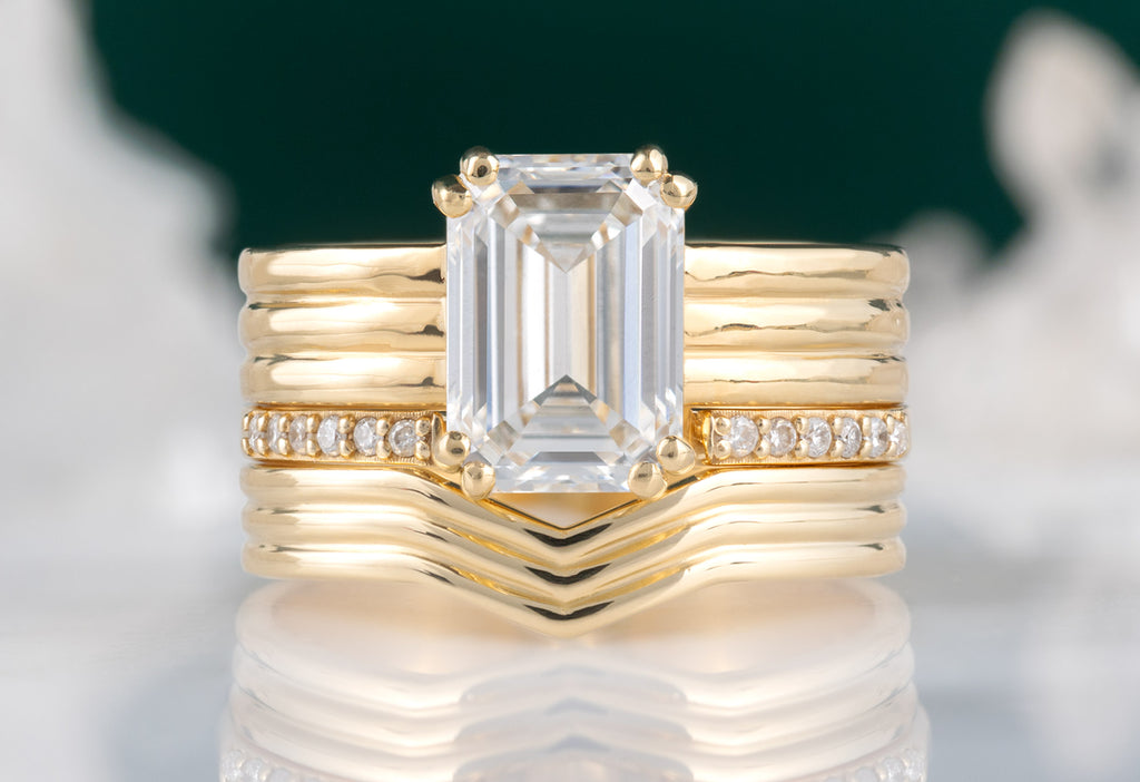 The Bryn Ring with an Emerald-Cut Lab Grown Diamond with Open Cuff Pavé Diamond Stacking Band and 18k Gold Pavé Peak Stacking Band