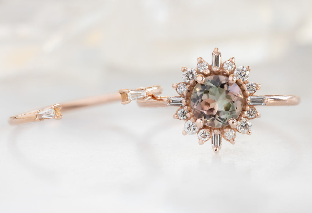 The Compass Ring with a Round Bicolor Tourmaline with Open Cuff Baguette Diamond Stacking Band