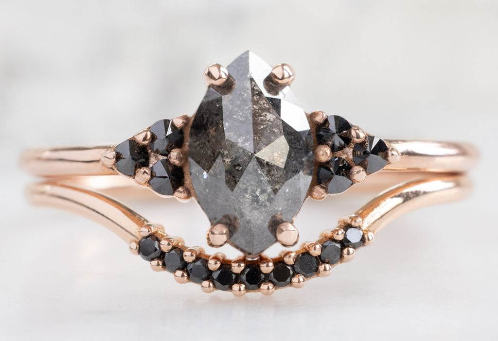 The Ivy Ring with a Black Marquise Diamond with Black Diamond Pavé Arc Stacking Band