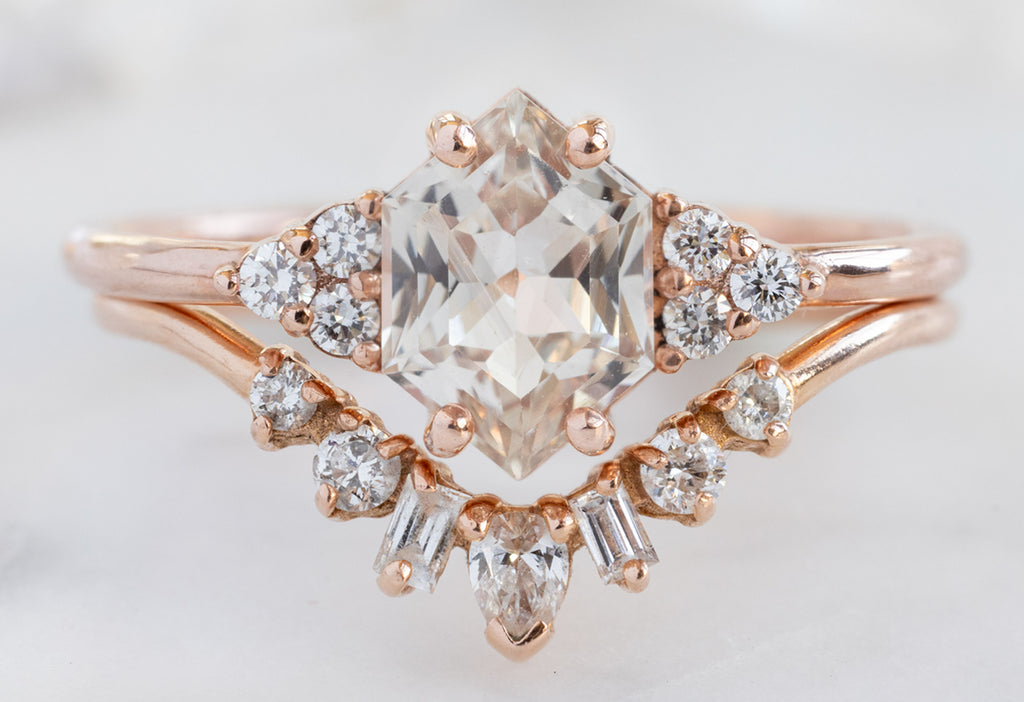 The Ivy Ring with a Peach Sapphire with Geometric White Diamond Sunburst Stacking Band