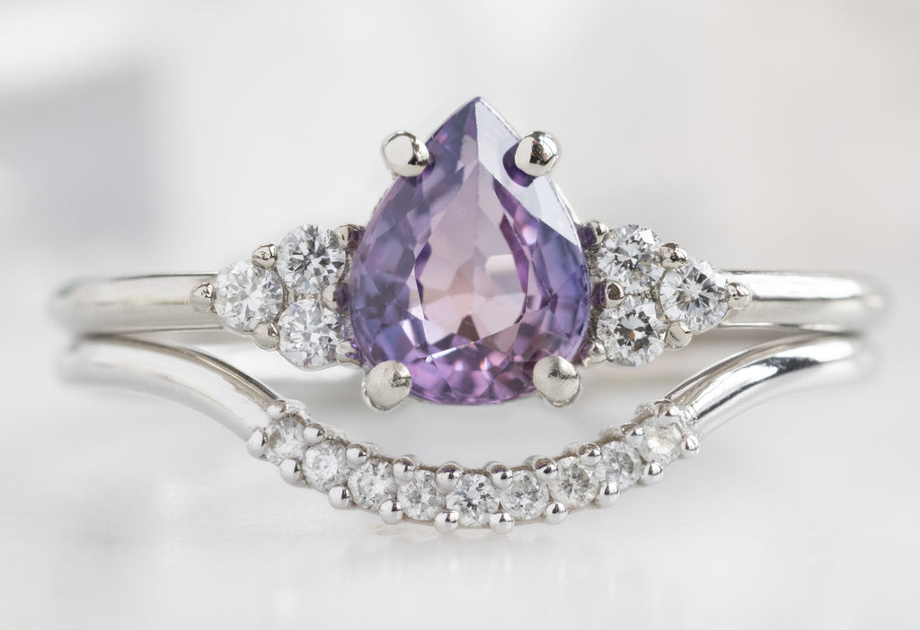 The Ivy Ring with a Pear-Cut Violet Sapphire with Pavé Diamond Stacking Band