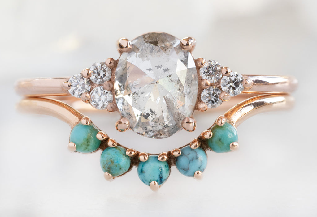 The Ivy Ring with an Oval-Cut Salt and Pepper Diamond with The Turquoise Sunburst Stacking Band