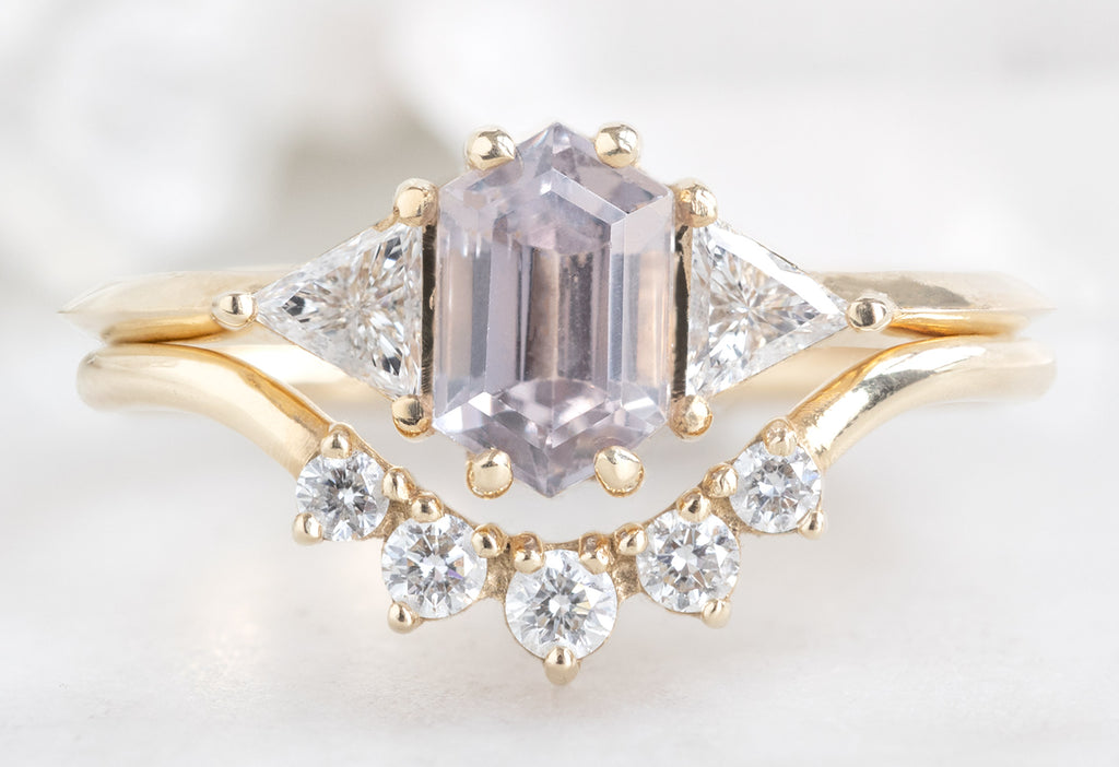 The Jade Ring with a Lilac Sapphire with Round Diamond Sunburst Stacking Band
