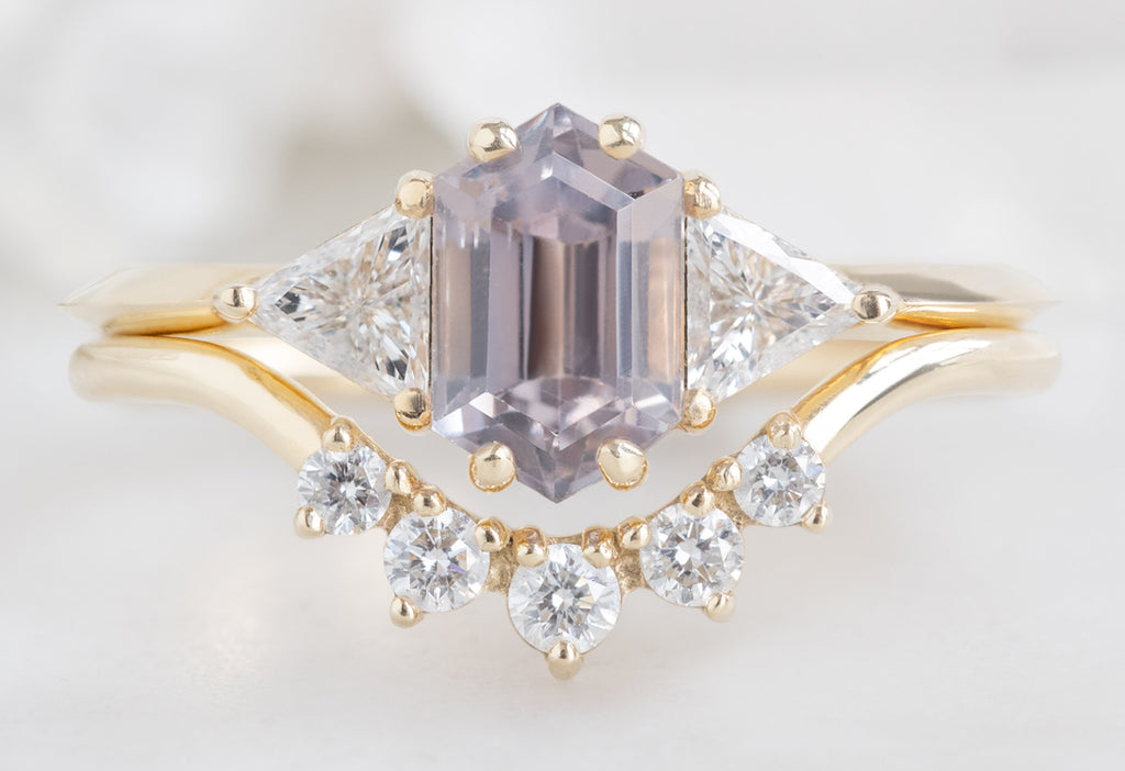 The Jade Ring with a Lilac Sapphire with Round Diamond Sunburst Stacking Band