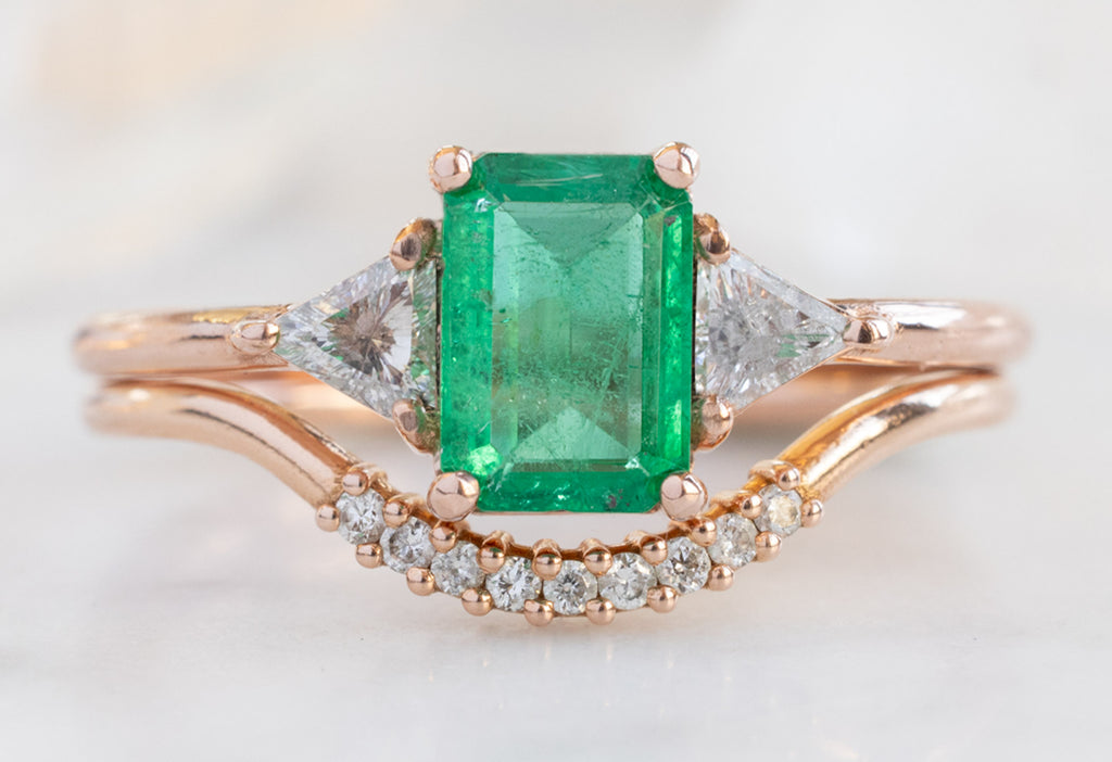 The Jade Ring with an Emerald-Cut Emerald with Pavé Diamond Arc Stacking Band