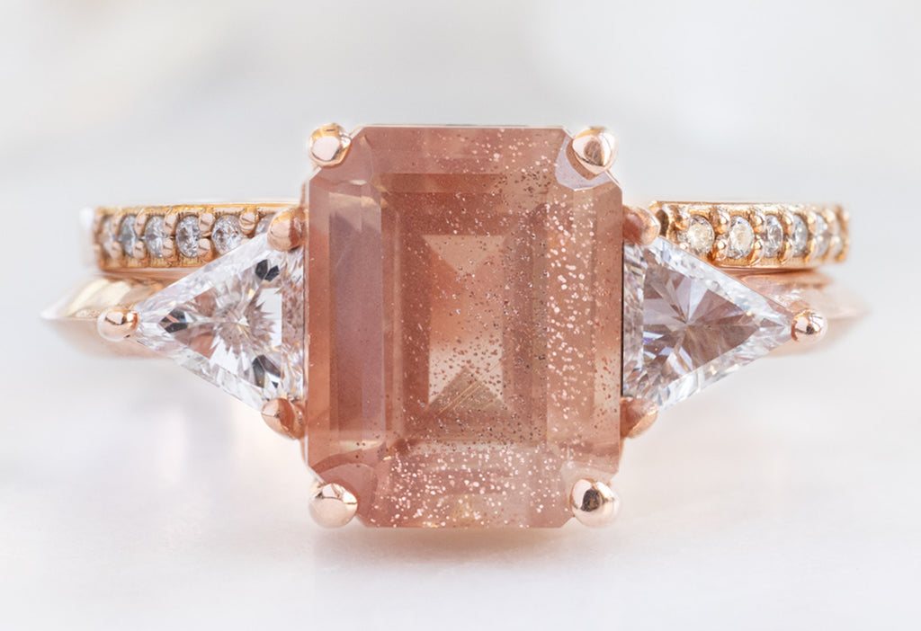 The Jade Ring with an Emerald-Cut Sunstone with Open Cuff Pavé Diamond Stacking Band