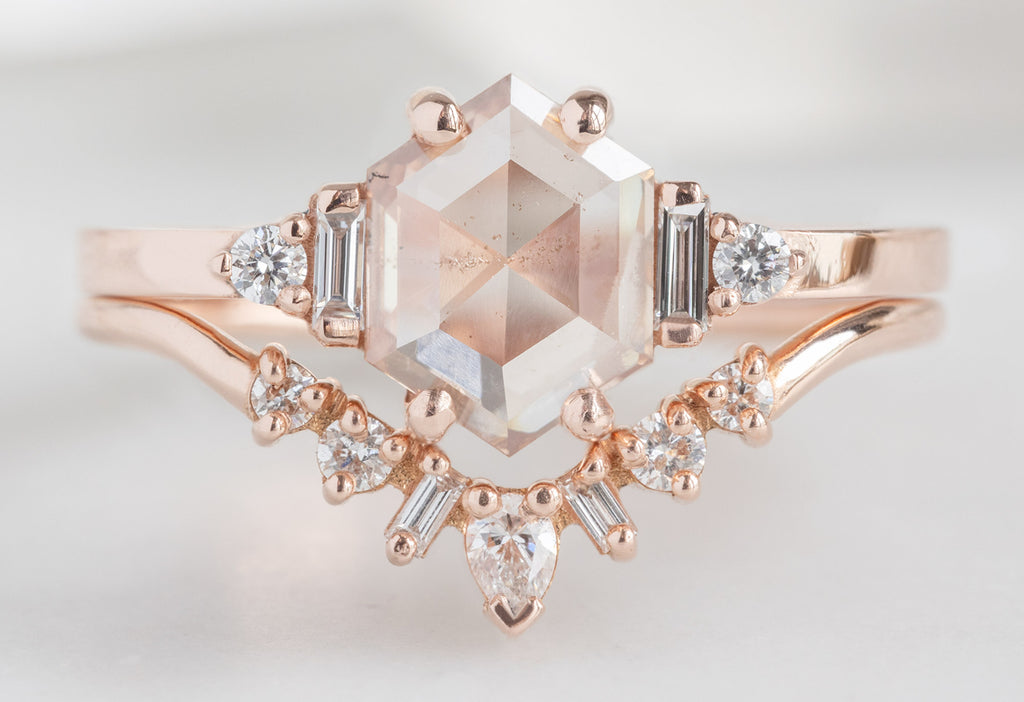 The Primrose Ring with a .81ct Lab Grown Pink Hexagon Diamond with Geometric White Diamond Sunburst Stacking Band 
