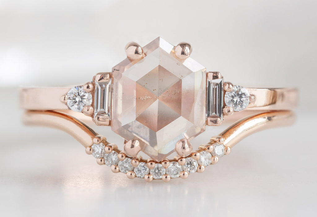 The Primrose Ring with a .81ct Lab Grown Pink Hexagon Diamond with Pavé Diamond Arc Stacking Band