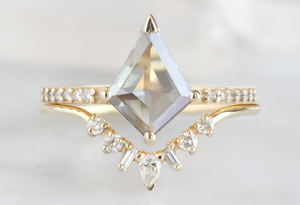 The Willow Ring with a 1.15ct Grey Kite-Shaped Lab Grown Diamond with the Geometric Diamond Sunburst Stacking Band