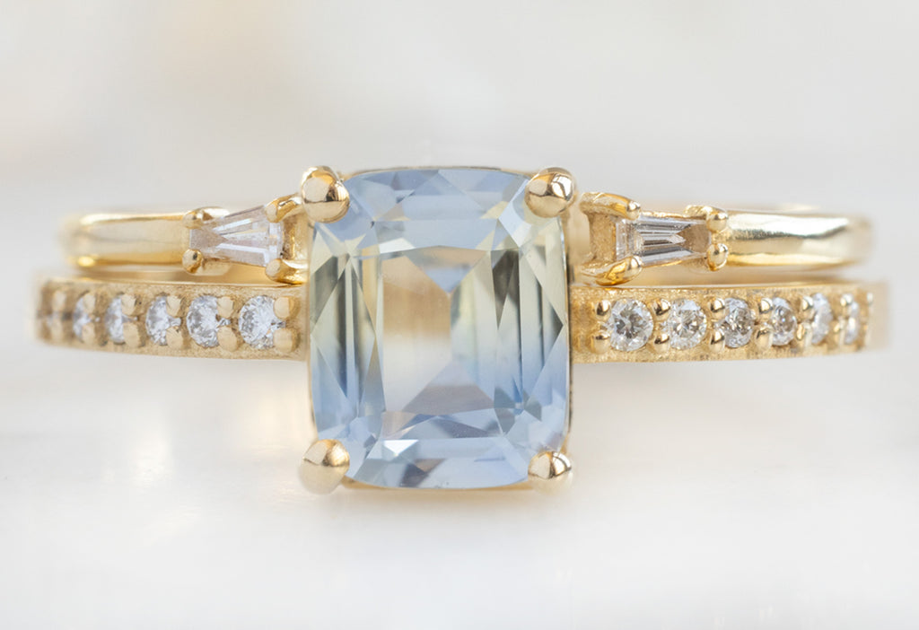 The Willow Ring with a 1.53ct Cushion-Cut Parti Sapphire with Open Cuff Baguette Stacking Band