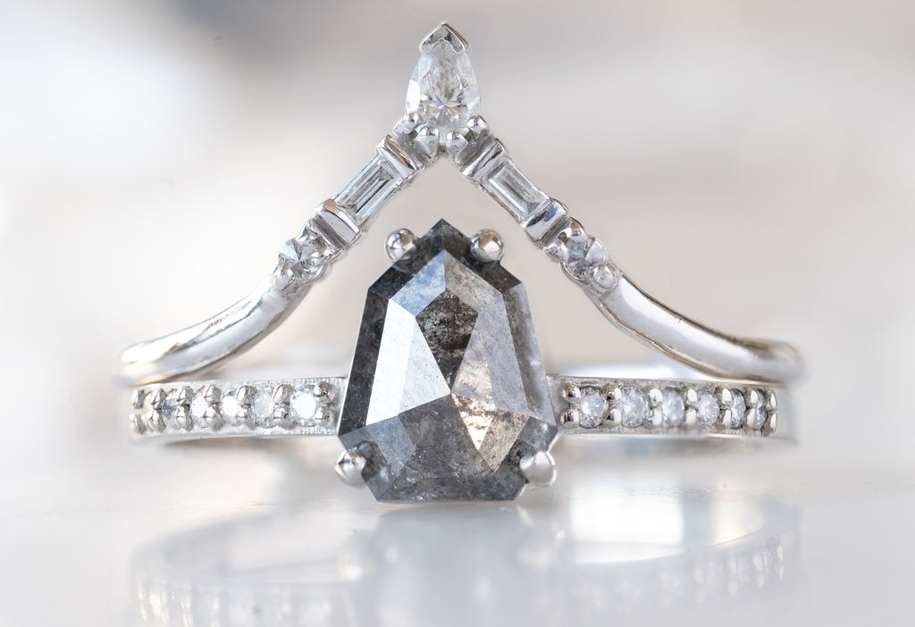 The Willow Ring with a Geometric Black Diamond with White Diamond Tiara Stacking Band