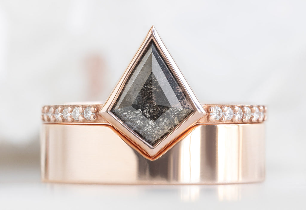 The Willow Ring with a Kite-Shaped Black Diamond with the Gold Cut-Out Stacking Band