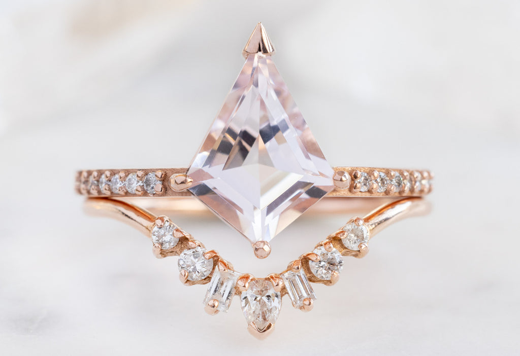 The Willow Ring with a Kite-Shaped Morganite with the Geometric White Diamond Sunburst Stacking Band