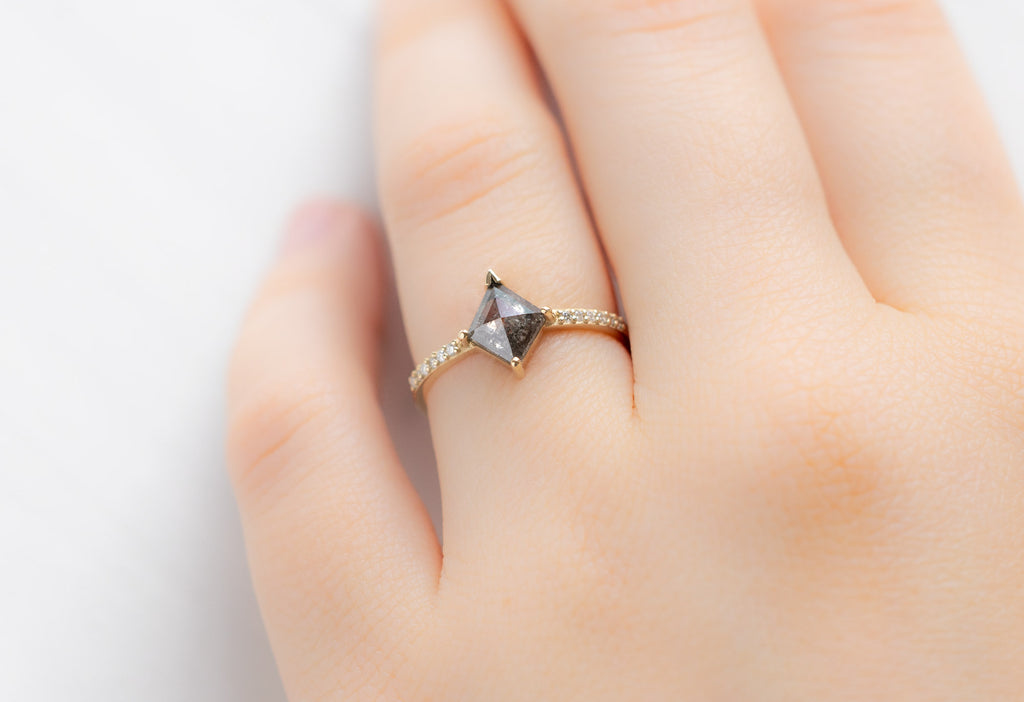 The Willow Ring with a Kite-Shaped Salt and Pepper Diamond on Model