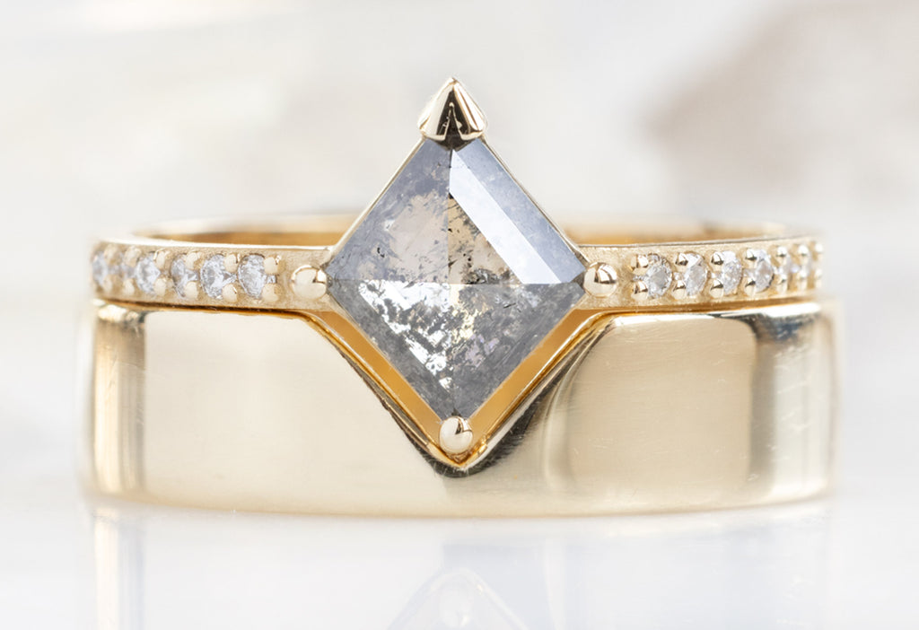 The Willow Ring with a Kite-Shaped Salt and Pepper Diamond with the Gold Cut Out Stacking Band