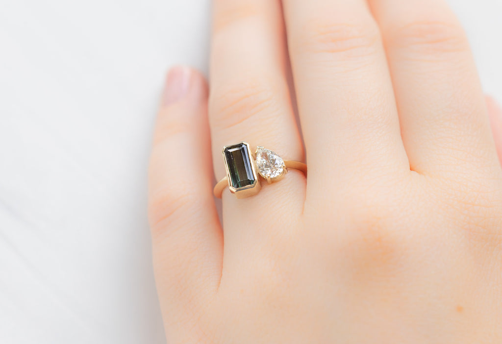 The You & Me Ring with a Bicolor Tourmaline + White Diamond on model