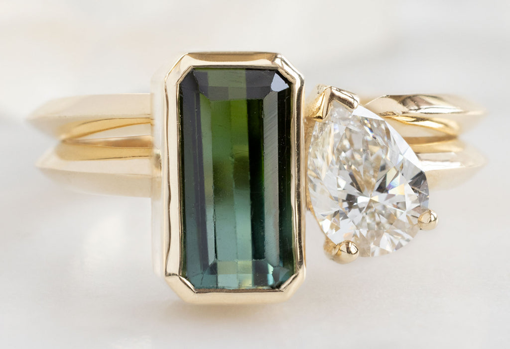 The You & Me Ring with a Bicolor Tourmaline + White Diamond with Open Cuff Knife Edge Stacking Band