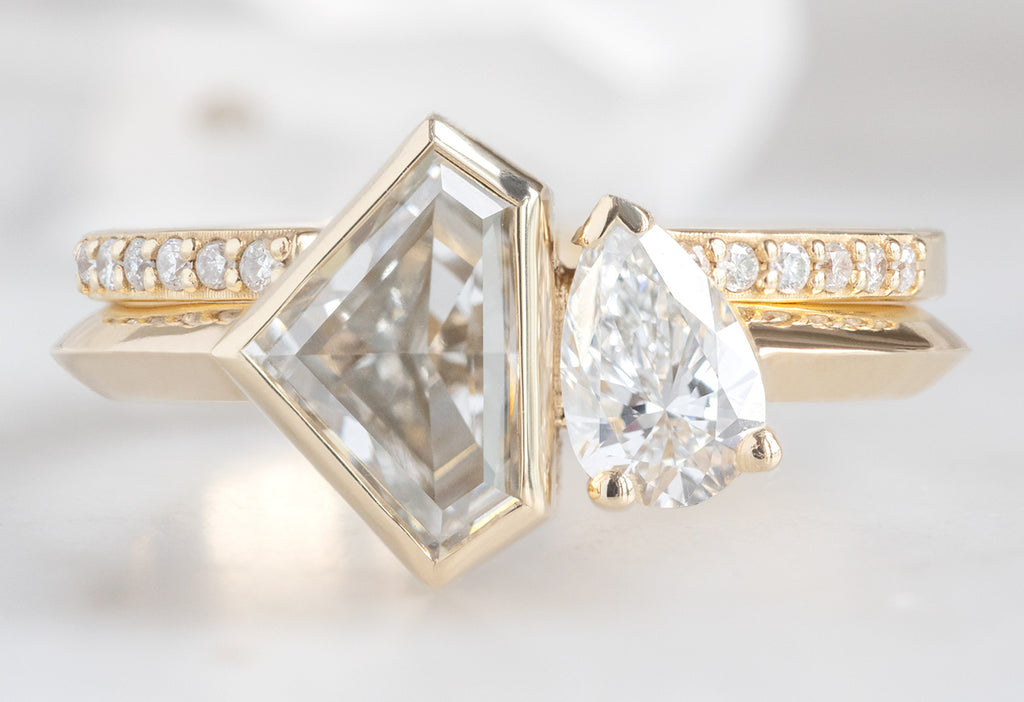 The You & Me Ring with a 1.36ct Lab Grown Shield-Cut + White Diamond with Open Cuff Pavé Diamond Stacking Band