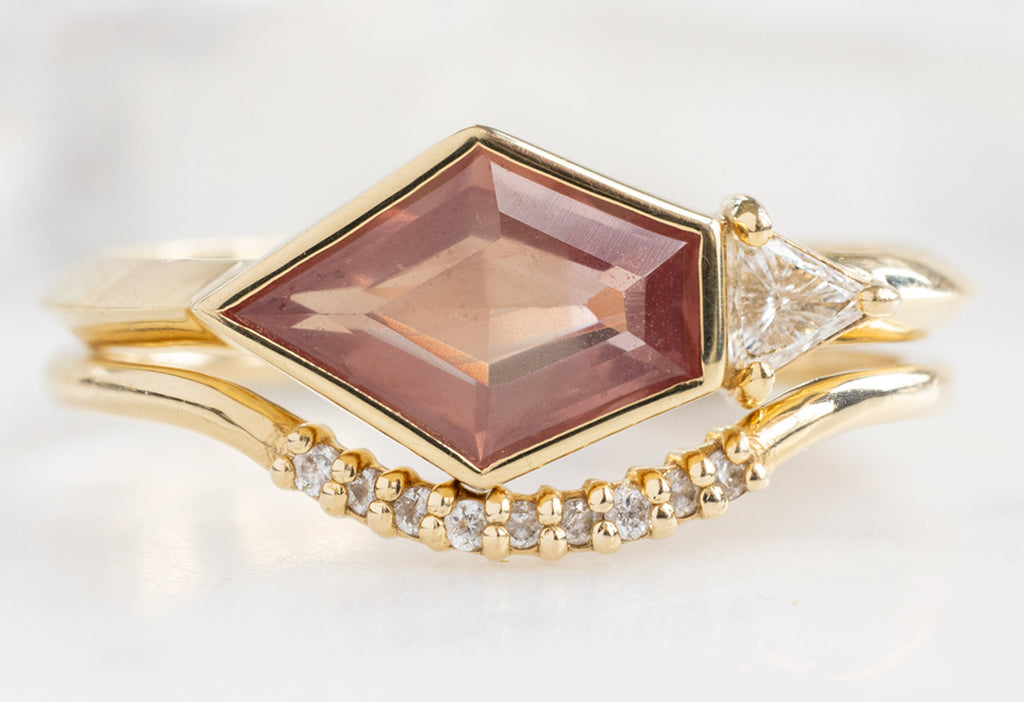The You & Me Ring with an Orange Sapphire + White Diamond with White Diamond Pavé Arc Stacking Band