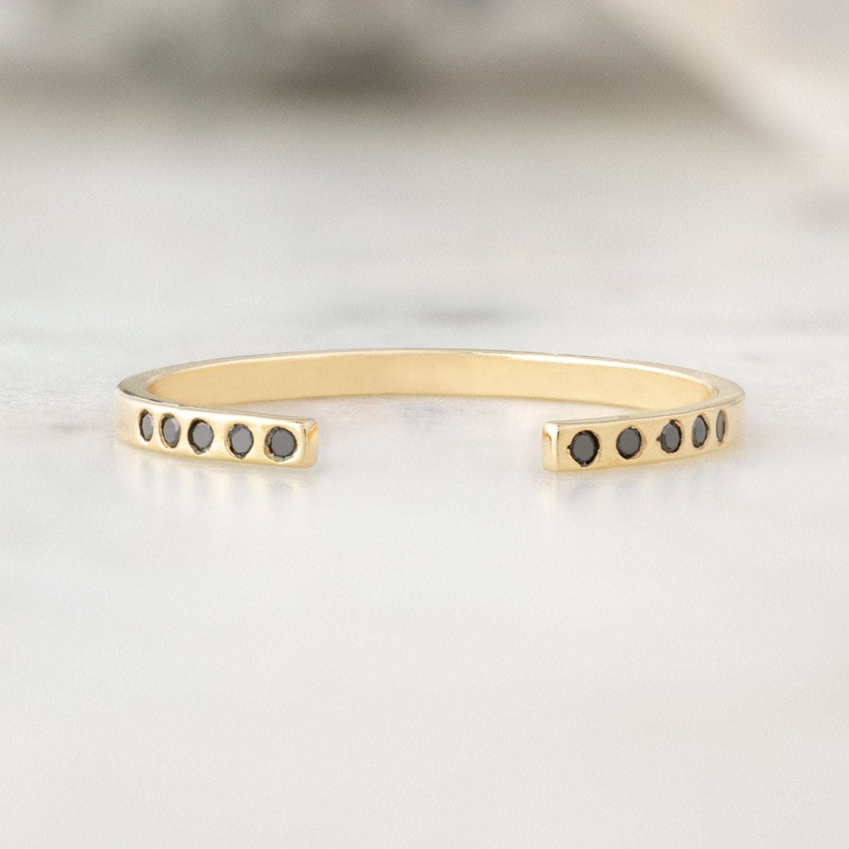 One of a Kind Open Cuff Flush Set Black Diamond Pavé Stacking Band | 14K Yellow Gold