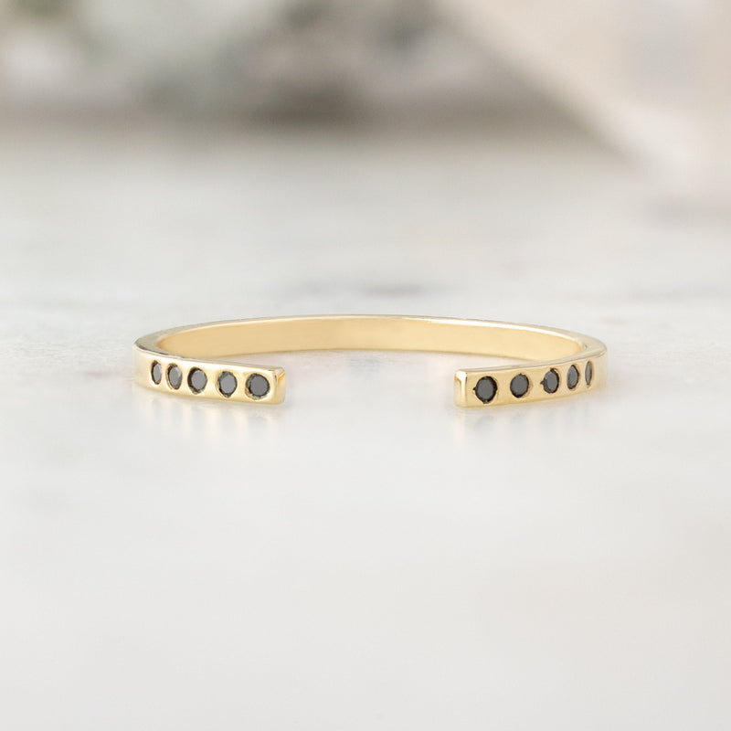 One of a Kind Open Cuff Flush Set Black Diamond Pavé Stacking Band | 14K Yellow Gold