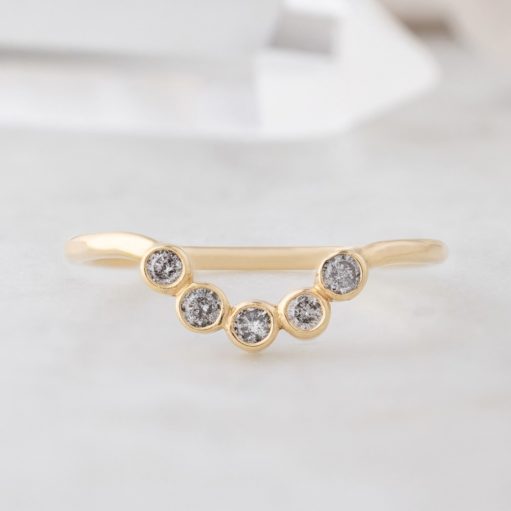 One of a Kind Salt and Pepper Diamond Bezel Arc Stacking Band | 14K Yellow Gold