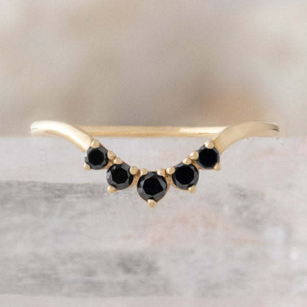 One of a Kind Round Black Diamond Sunburst Stacking Band | 14K or 18K Yellow Gold