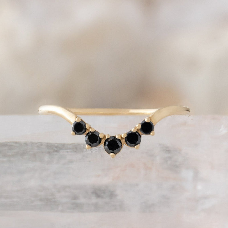 One of a Kind Round Black Diamond Sunburst Stacking Band | 14K or 18K Yellow Gold