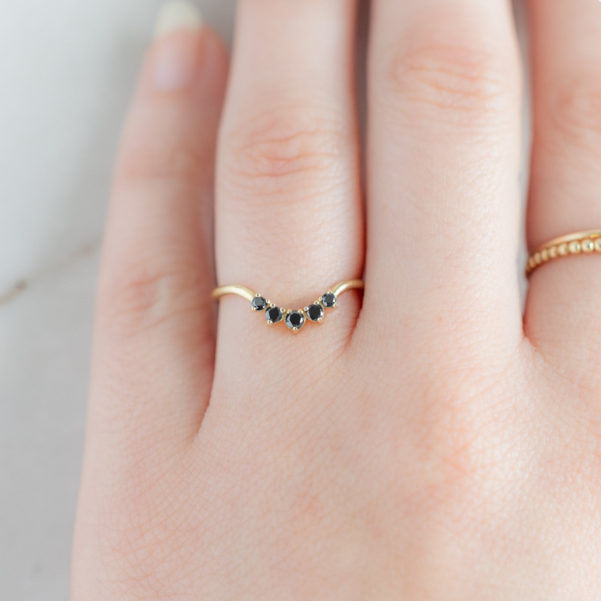 Round Black Diamond Sunburst Stacking Band | 14K or 18K Yellow Gold