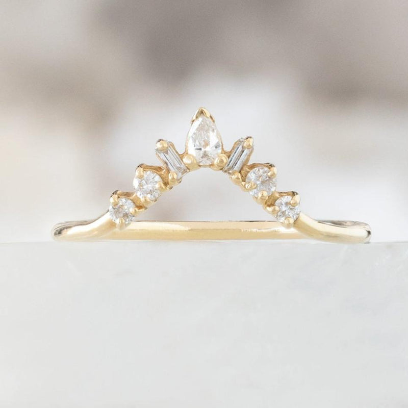 One of a Kind Geometric White Diamond Sunburst Stacking Band | 14K or 18K Yellow Gold