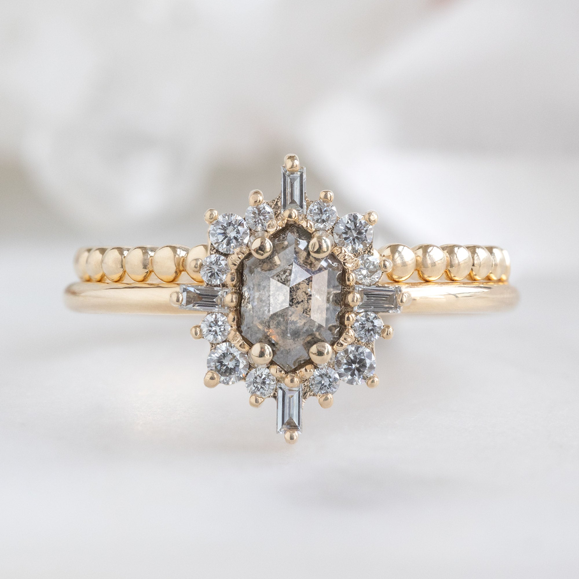 The Gold Beaded Stacking Ring in 14K Yellow Gold Stacked with Salt and Pepper Diamond Engagement Ring