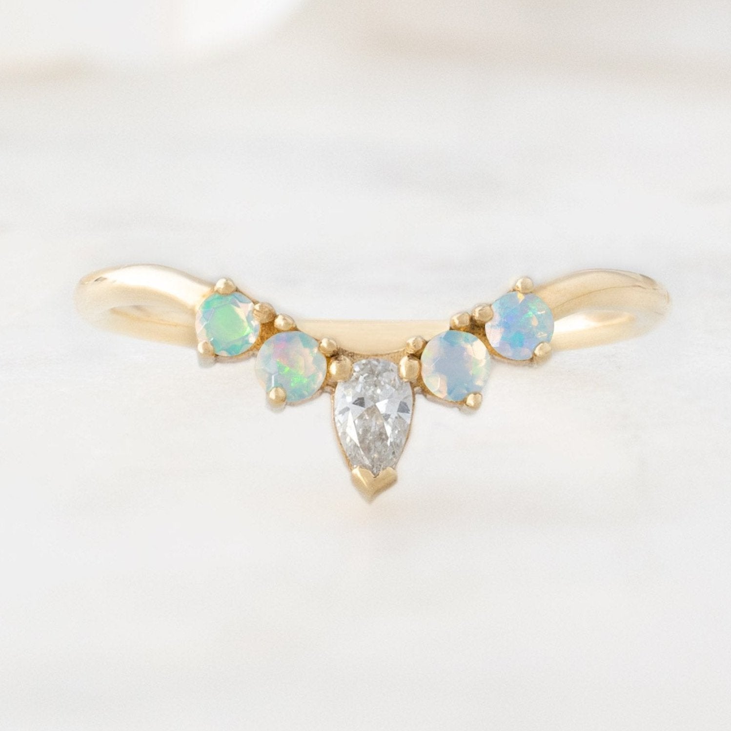 One of a Kind Opal + White Diamond Sunburst Stacking Band | 14K or 18K Yellow Gold