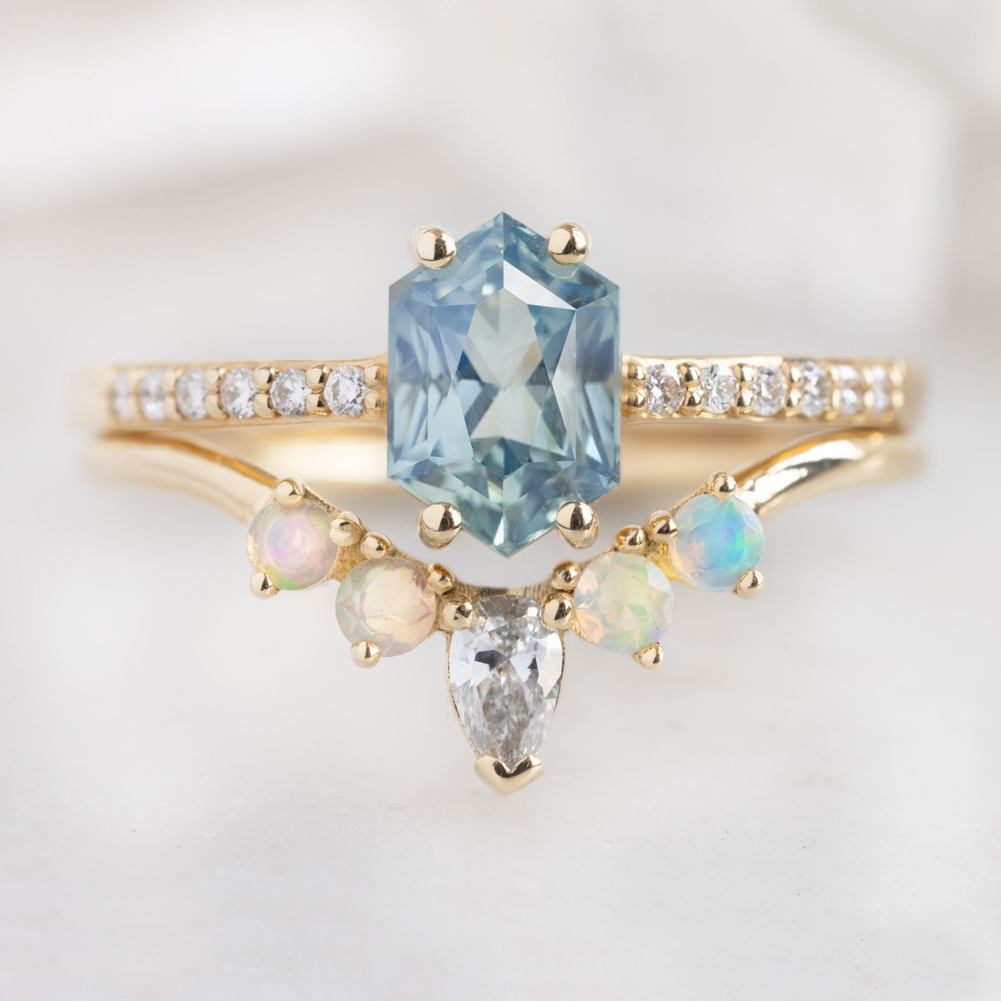 One of a Kind Opal + White Diamond Sunburst Stacking Band | 14K or 18K Yellow Gold