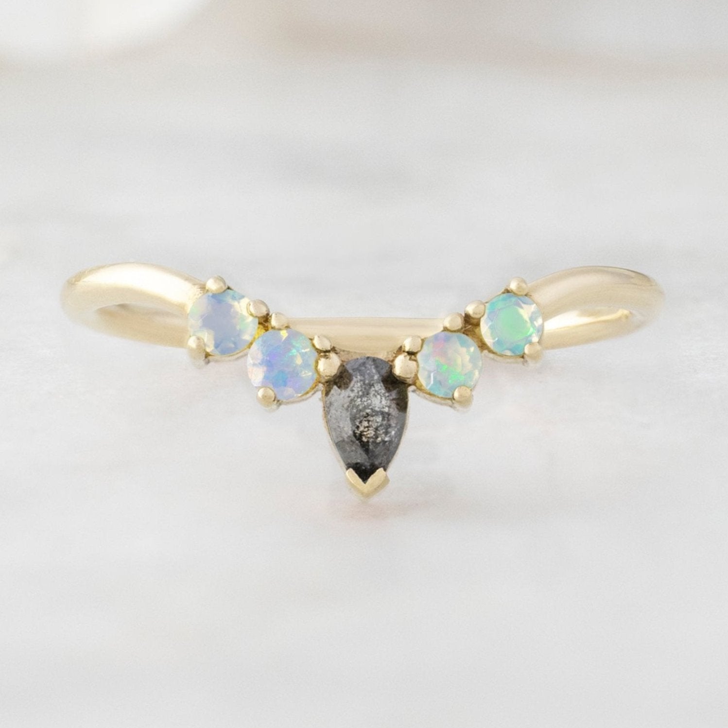 One of a Kind Opal + Black Diamond Sunburst Stacking Band | 14K or 18K Yellow Gold