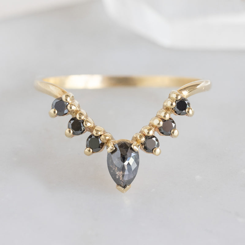 One of a Kind Pear Black Diamond Sunburst Stacking Band | 14K Gold