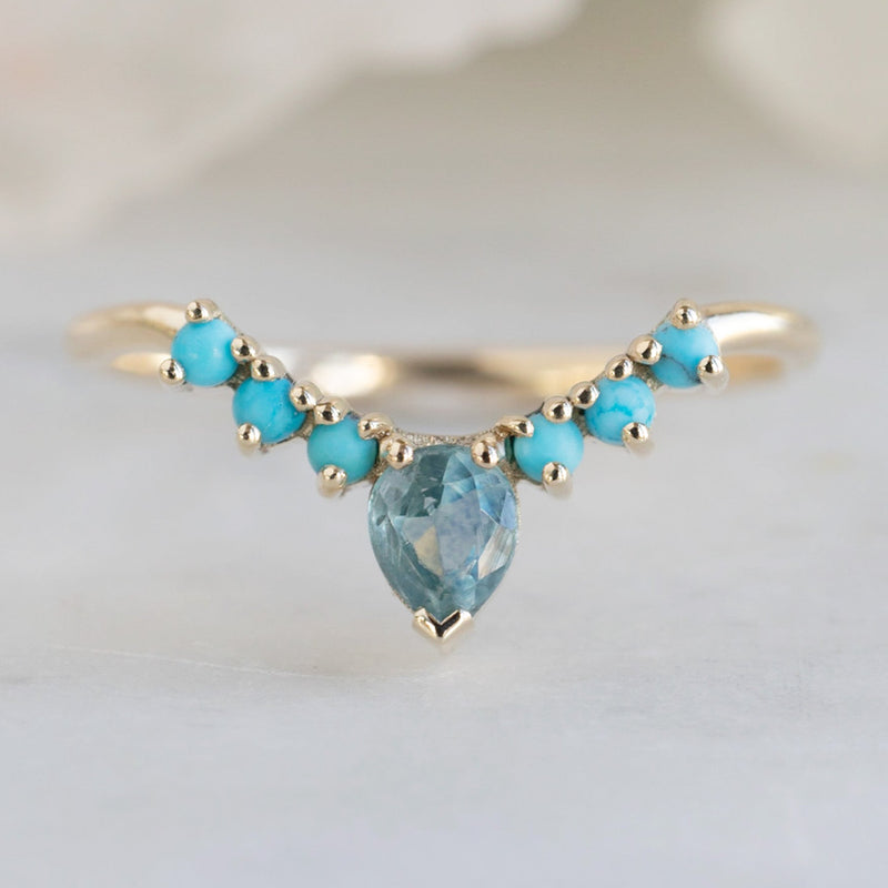 One of a Kind Montana Sapphire + Turquoise Sunburst Stacking Band | 14K or 18K Yellow Gold