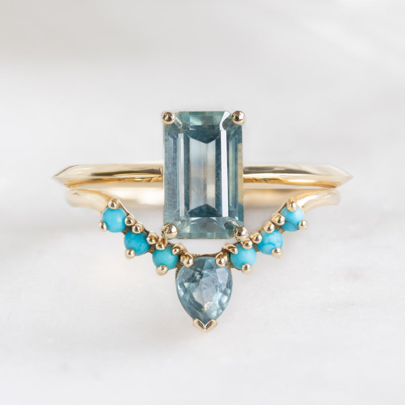 One of a Kind Montana Sapphire + Turquoise Sunburst Stacking Band | 14K or 18K Yellow Gold