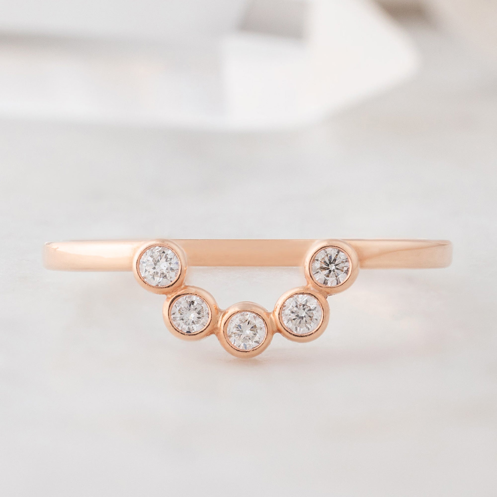 One of a Kind White Diamond Bezel Arc Stacking Band | 14K Rose Gold