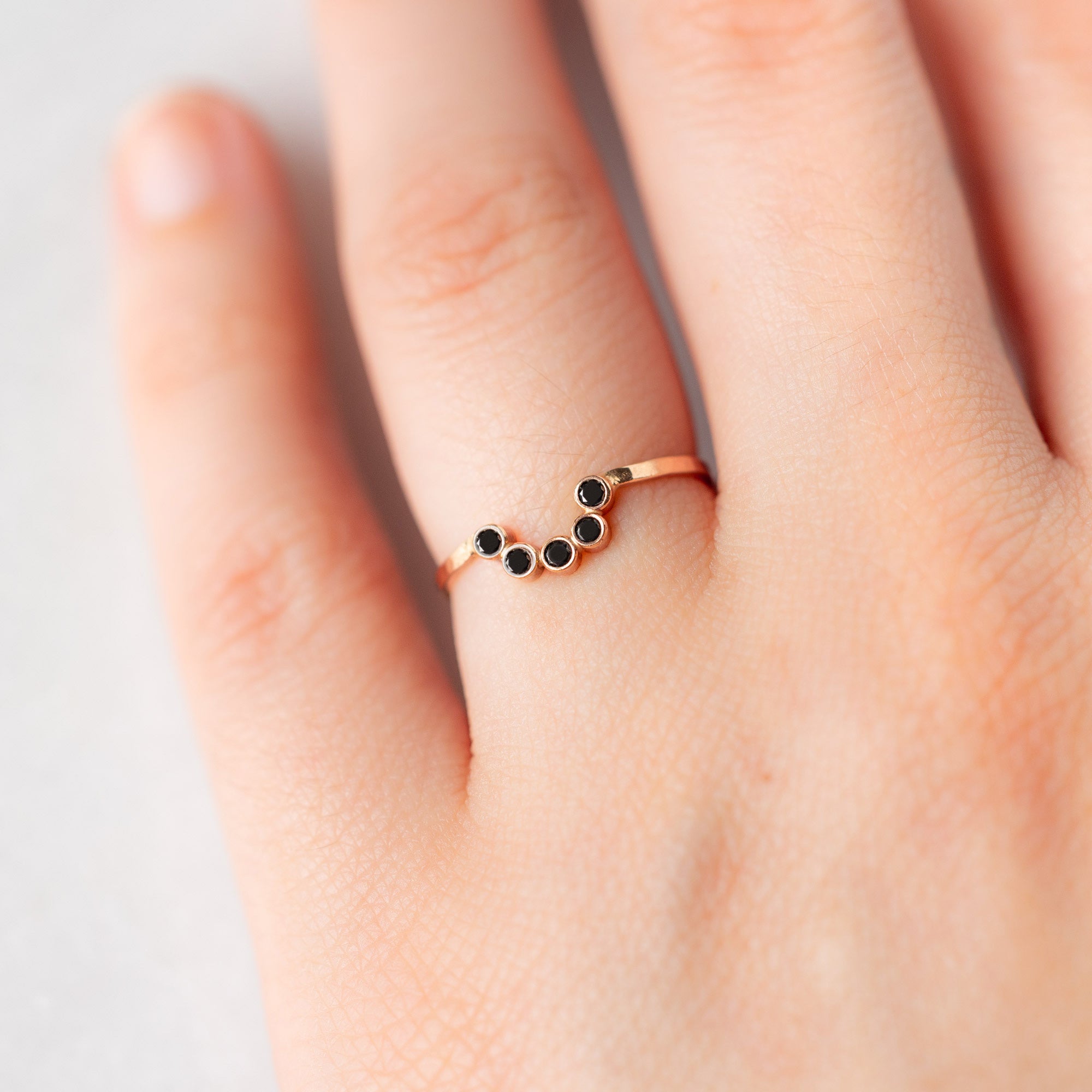 One of a Kind Black Diamond Bezel Arc Stacking Band | 14K Rose Gold