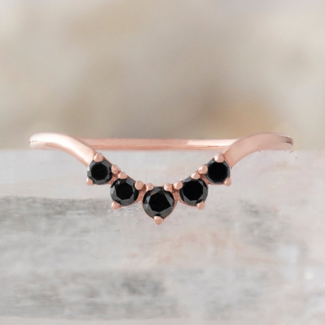 One of a Kind Round Black Diamond Sunburst Stacking Band | 14K or 18K Rose Gold