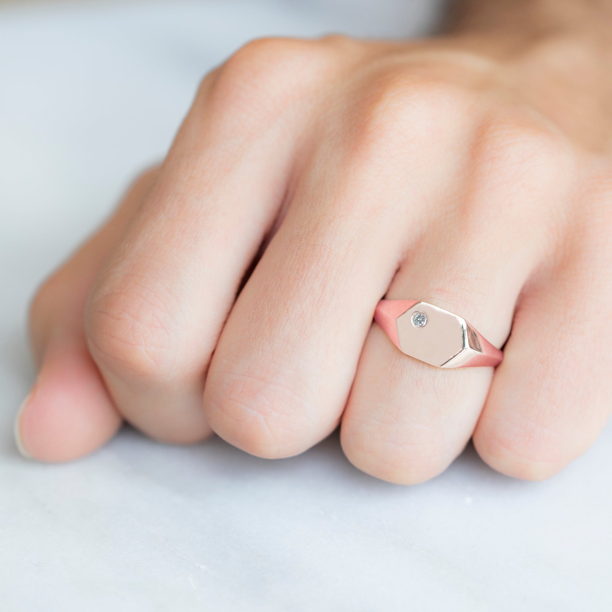 The Hexagon White Diamond Signet Ring | 14K Rose Gold