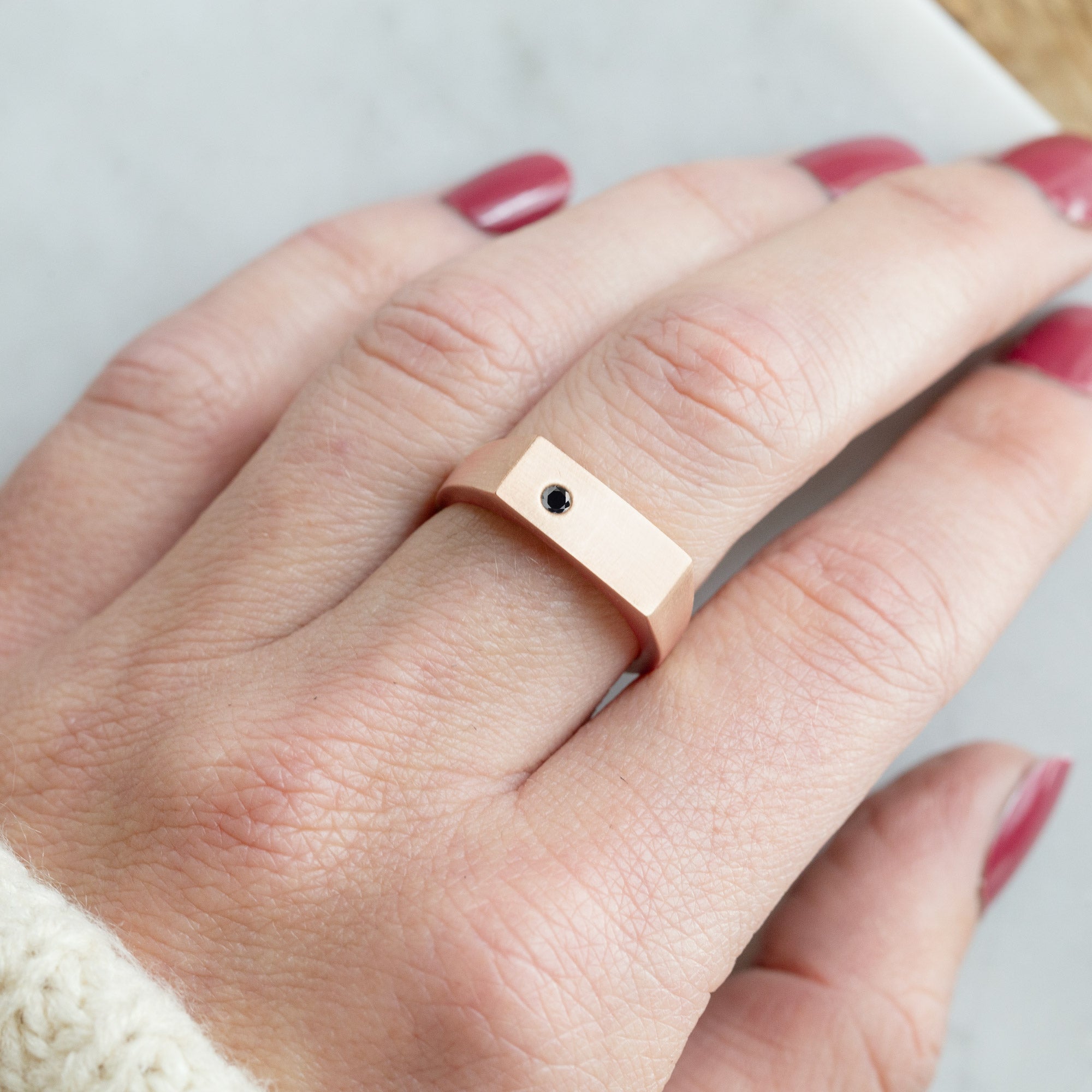 The Lune Black Diamond Signet Ring | 14K Rose Gold