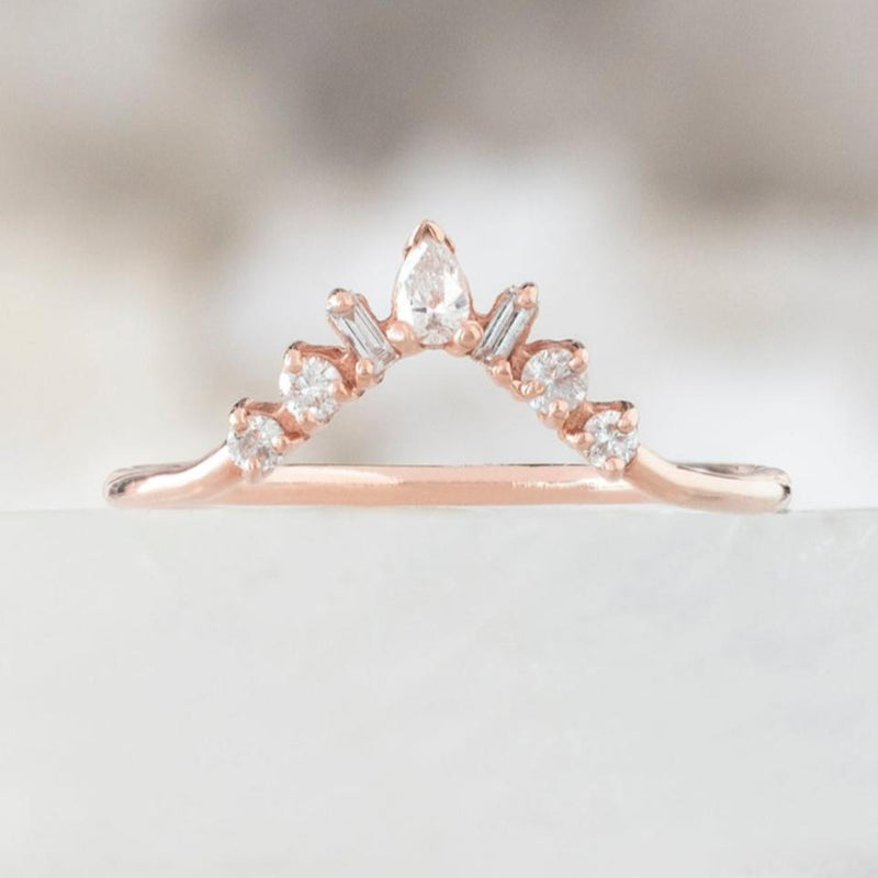 One of a Kind Geometric White Diamond Sunburst Stacking Band | 14K or 18K Rose Gold