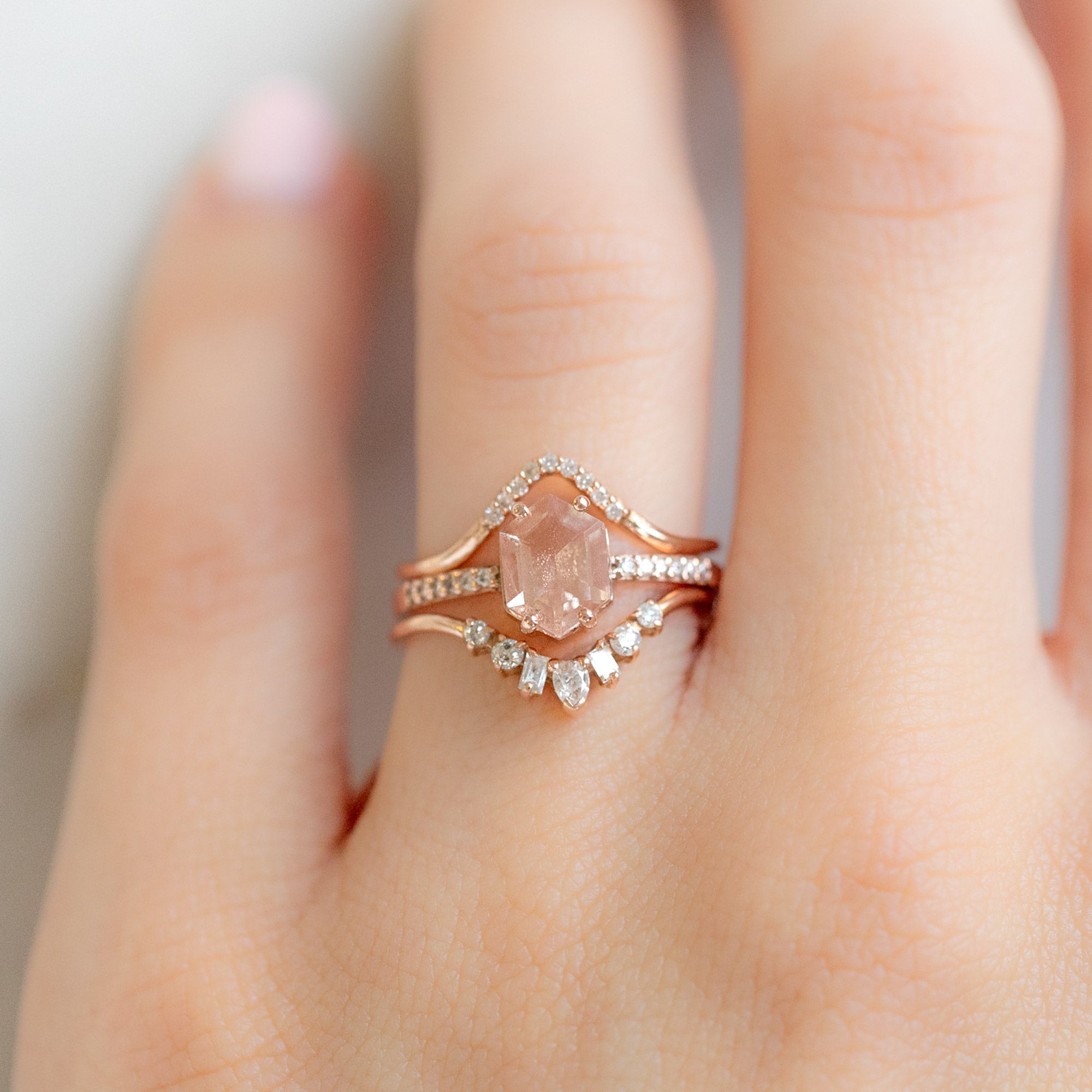 One of a Kind Geometric White Diamond Sunburst Stacking Band | 14K or 18K Rose Gold