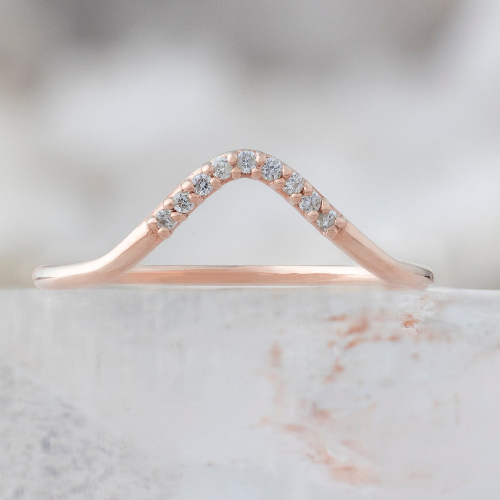 One of a Kind White Diamond Pavé Peak Stacking Band in Rose Gold on White Crystal